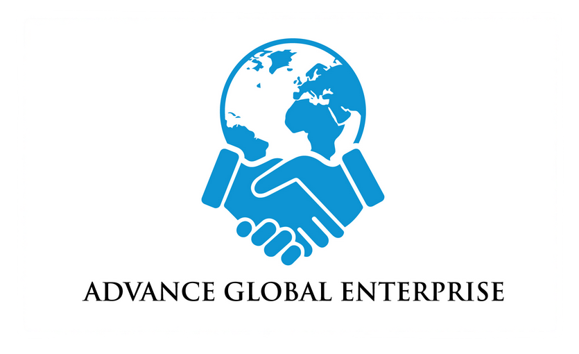 Advance Global Enterprise Logo. Hands shaking in front of an outline image of a globe.
